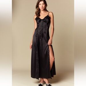 768. Satin ruffle bow tie side slit maxi dress in black